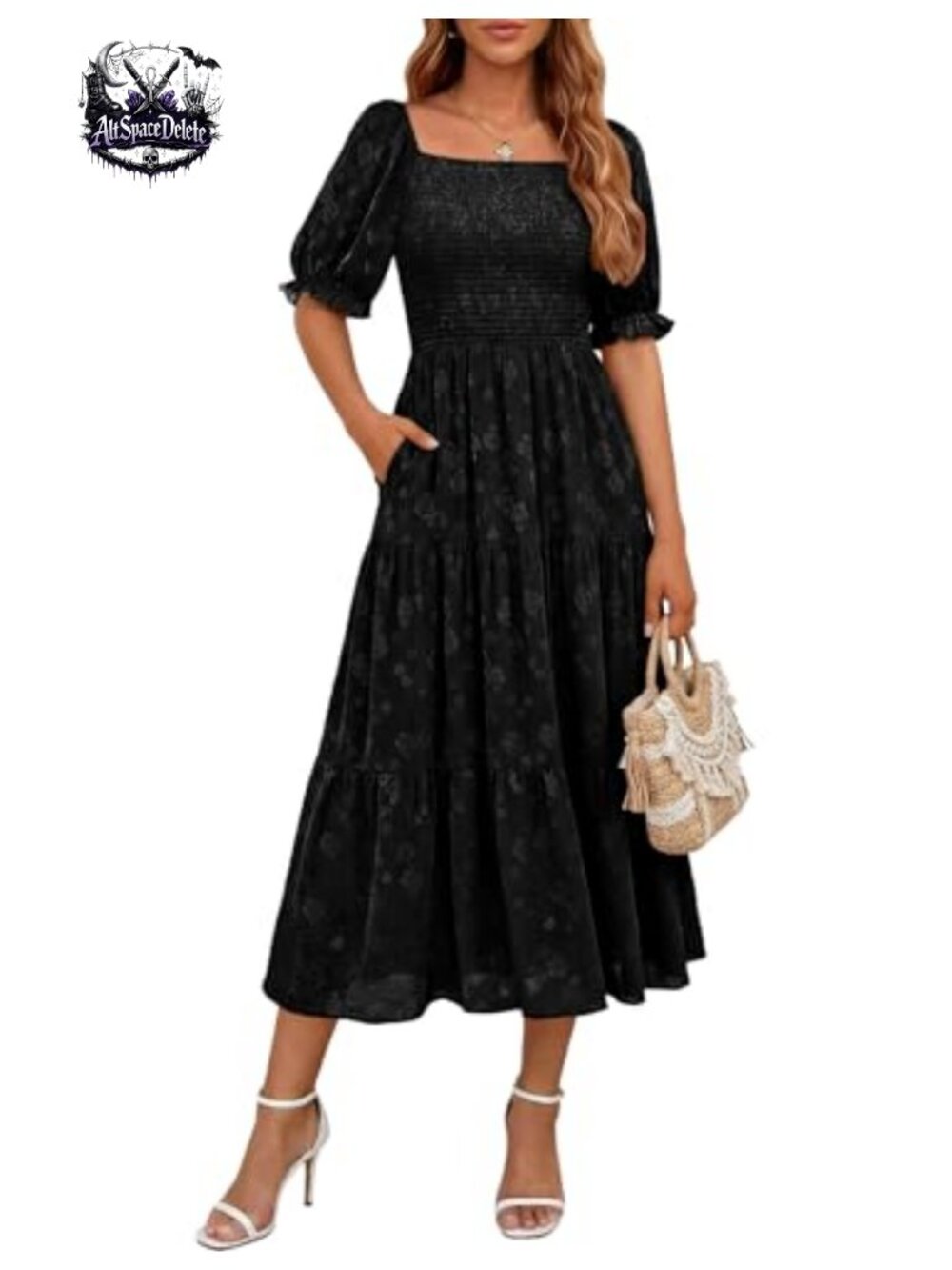 Women Summer Midi Smocked A-Line Floral Dress with Pockets